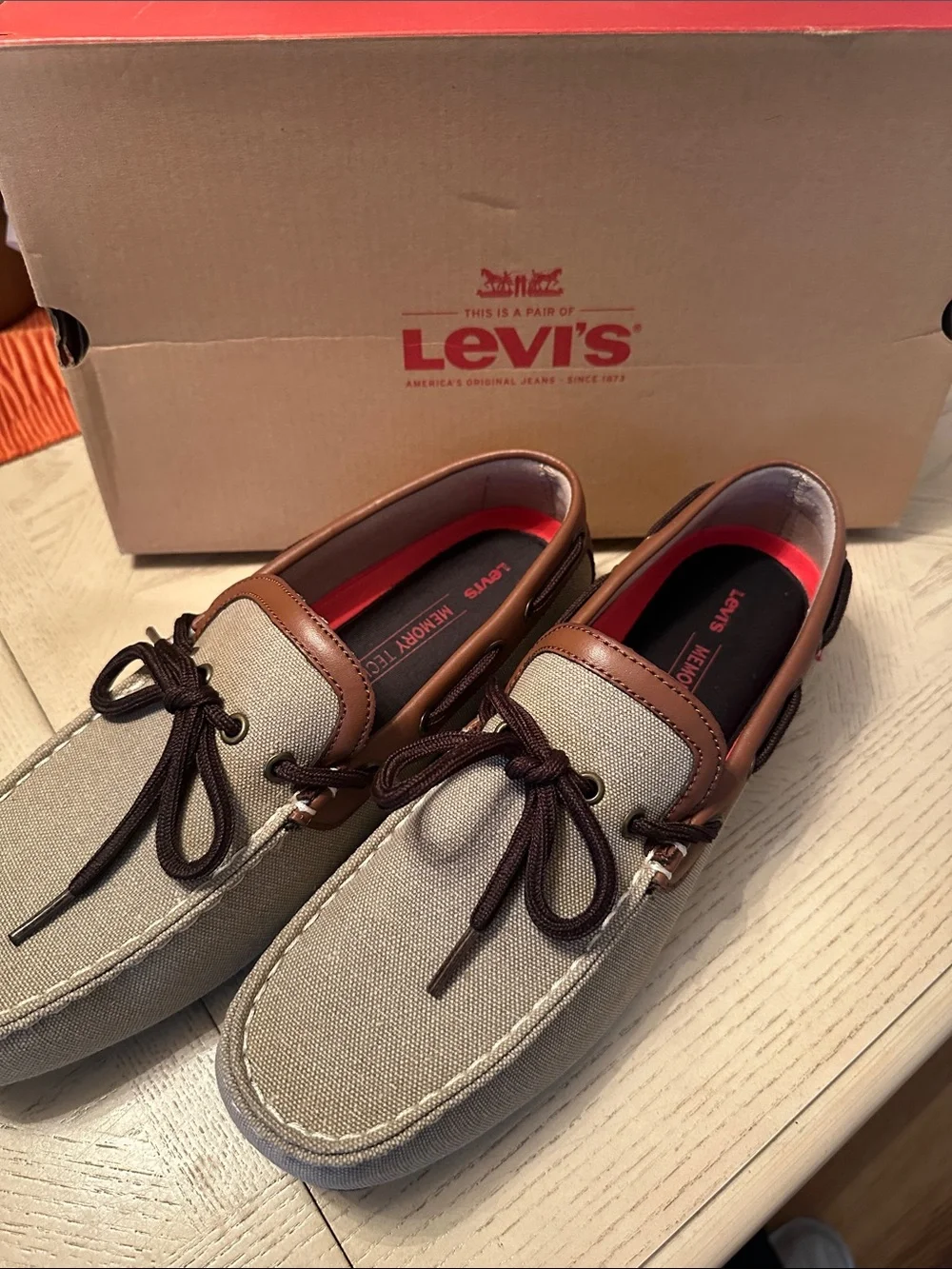 Levi's Men's Tan Canvas with Brown Leather-Trim Boat Shoes